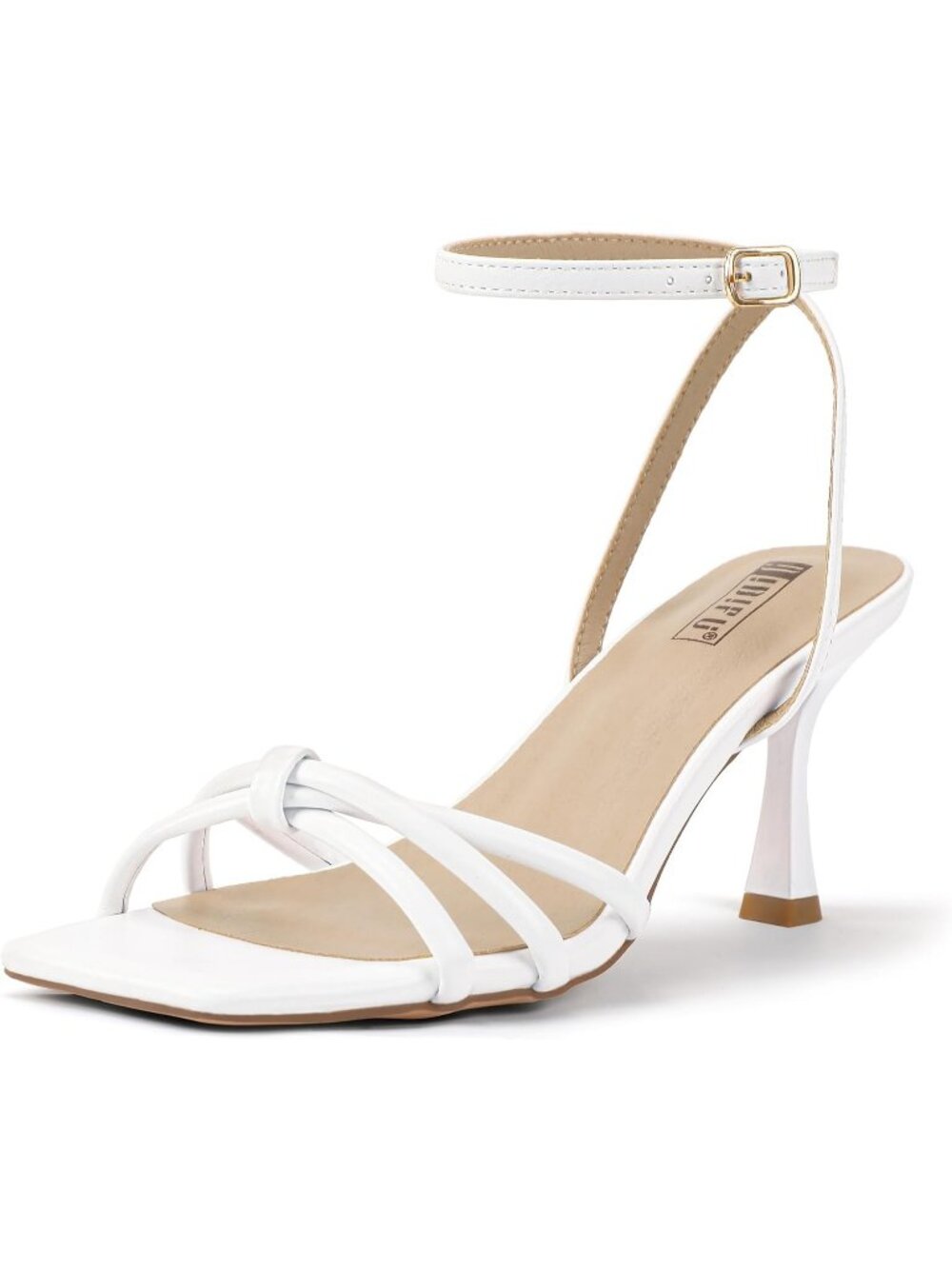 Women's White PU Square Open Toe Buckle Ankle Strap High Heel Comfortable Sandal
